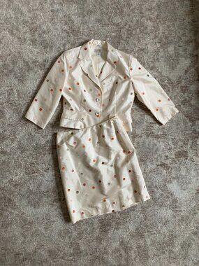 VTG Talbots 100% Silk Embroidered Polka Dot Skirt Suit Set - Size 12 Petite